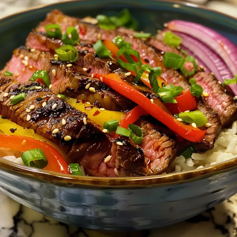 Sizzling Steak Rice Bowls: A Flavor Fiesta in Every Bite! Close-up of a vibrant steak rice bowl topped with fresh vegetables.