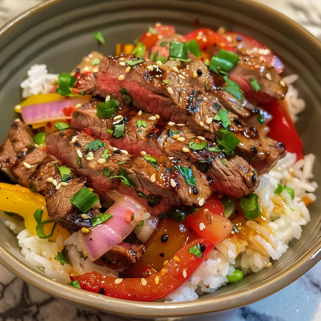 Juicy flank steak served over white rice with colorful bell peppers.