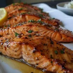 Close-up view of a juicy salmon filet glistening with sticky garlic butter sauce.