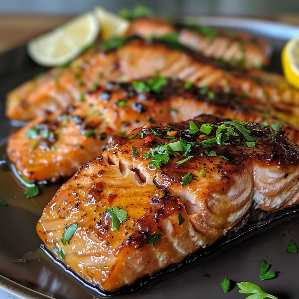 Side shot of salmon fillet topped with minced garlic and a rich butter glaze.