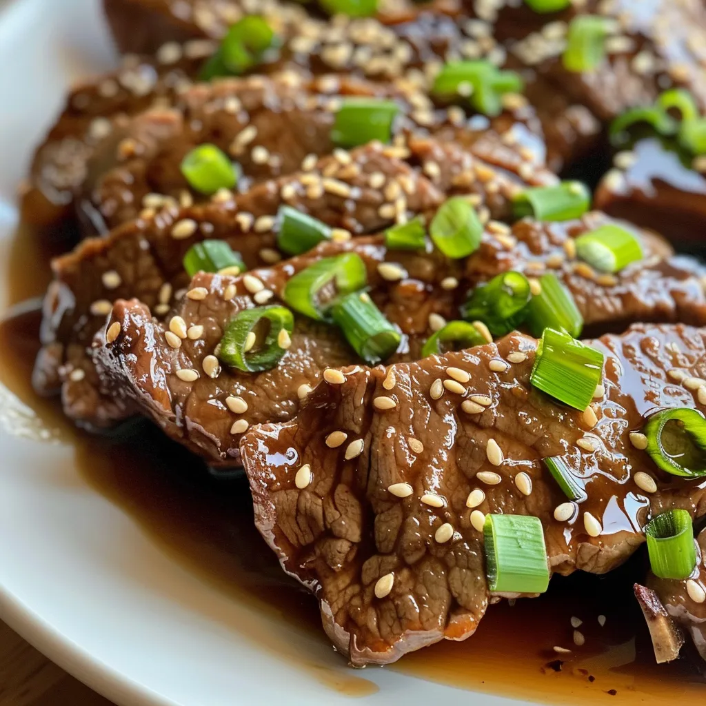 Juicy beef sirloin slices glazed in a shiny sesame sauce, garnished with green onions.