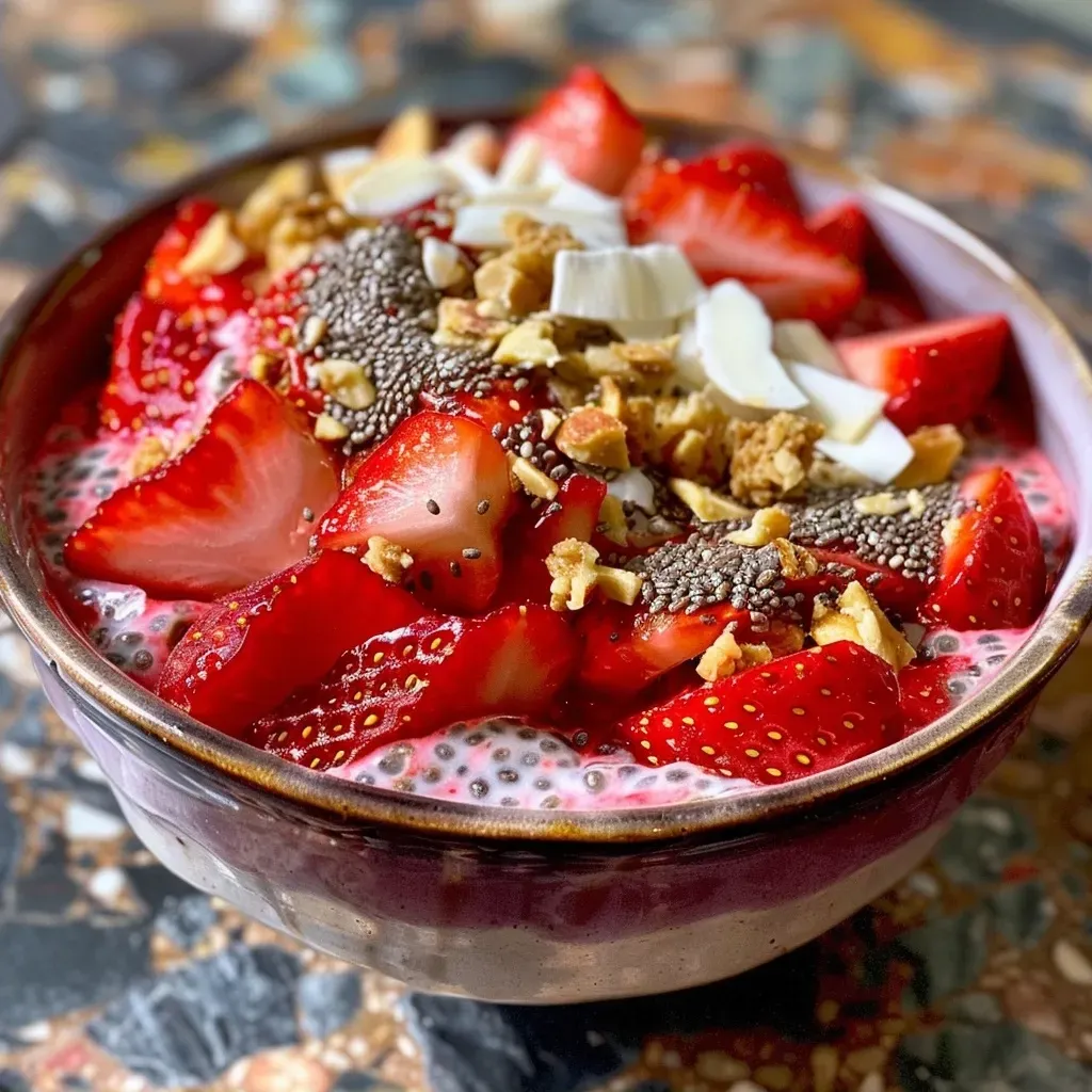 Side profile of a bowl filled with vibrant strawberry chia pudding topped with granola and coconut flakes.