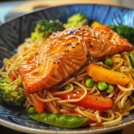 A close-up side view of Teriyaki Salmon Noodles featuring salmon fillets, colorful vegetables, and noodles.