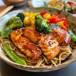 Close-up of teriyaki salmon noodles with colorful vegetables.
