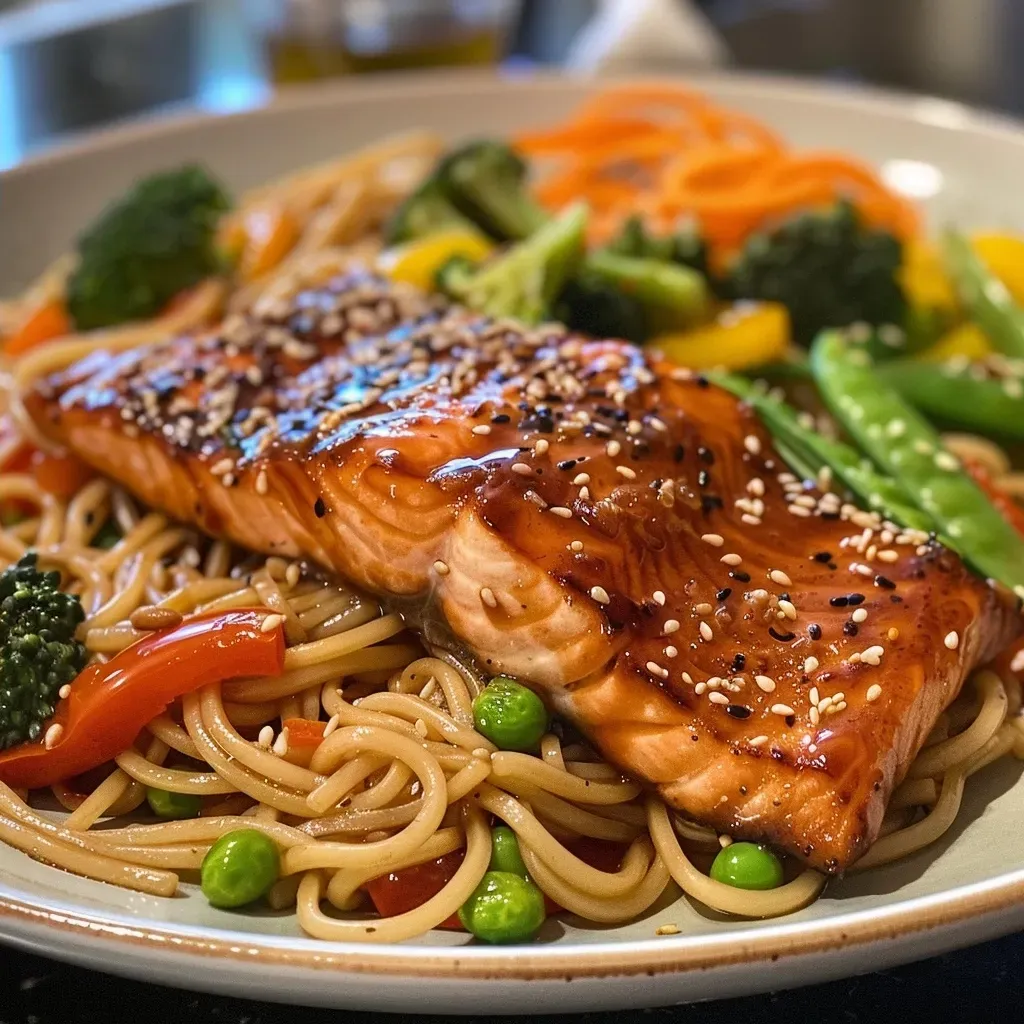 Juicy Teriyaki Salmon served over a bed of noodles with broccoli and bell peppers in a detailed close-up shot.
