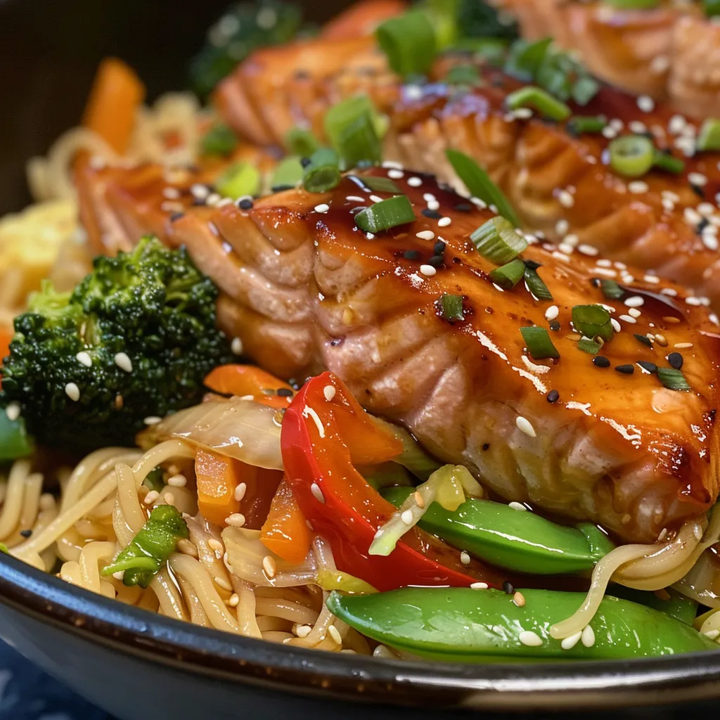 Juicy salmon fillets on a bed of noodles, surrounded by fresh broccoli and bell peppers.