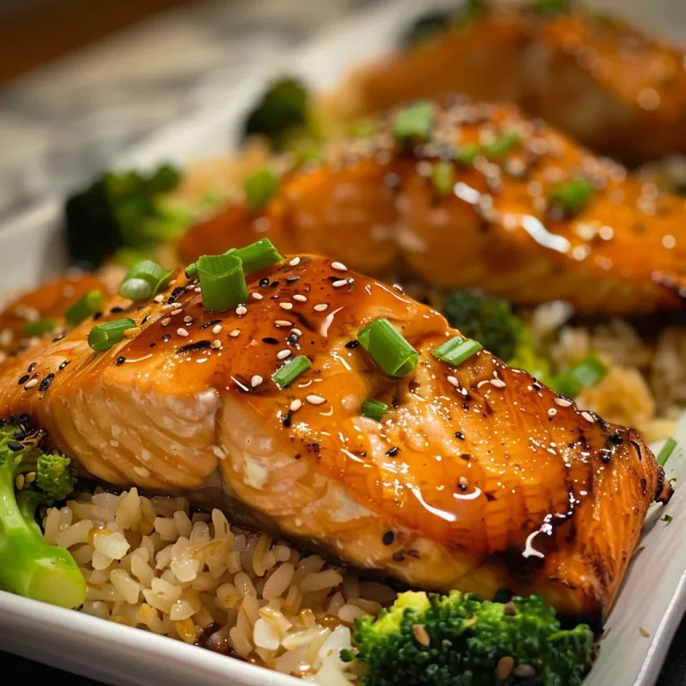 25-Minute Teriyaki Salmon: A Flavor Explosion in a Flash! Close-up of juicy teriyaki salmon fillets served with rice and broccoli.