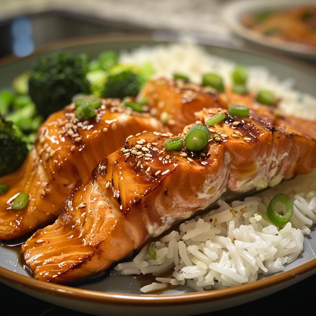Side view of a delicious teriyaki salmon dish with scallions, rice, and broccoli.
