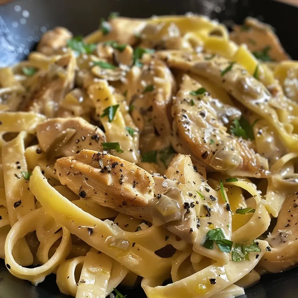Side view of a delicious Tuscany chicken pasta dish with fettuccine and Parmesan.