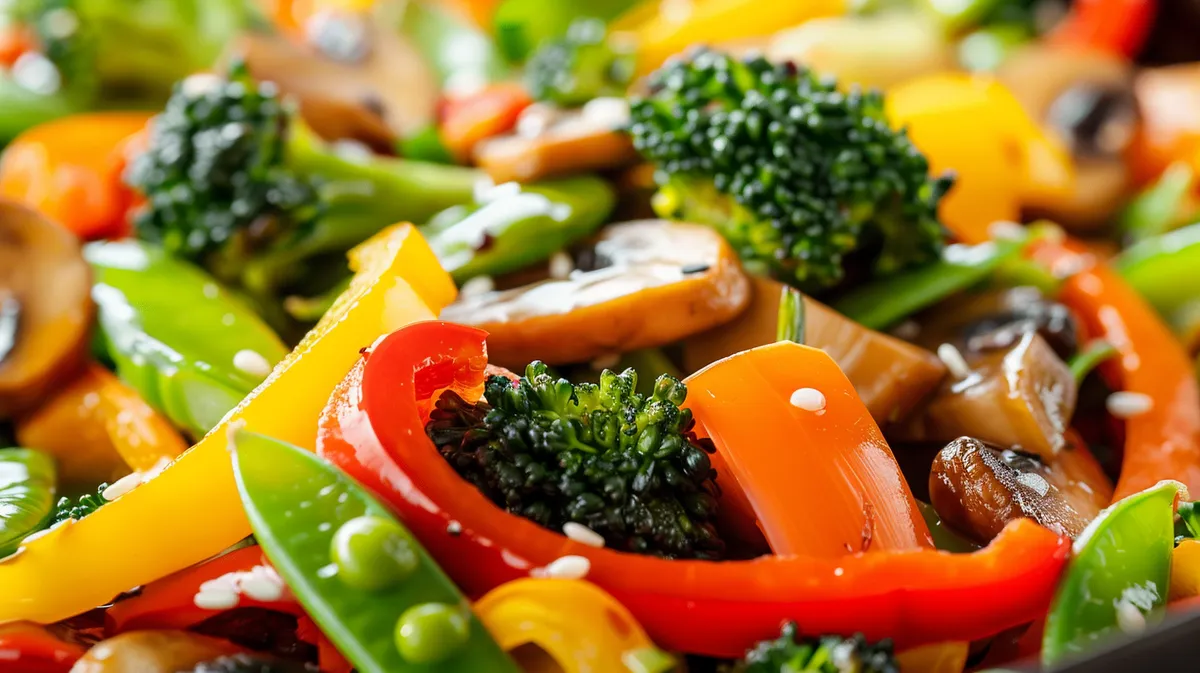 Vibrant mix of diced onions, bell peppers, and broccoli in a stir-fry.