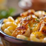 Close-up of a creamy High-Protein Honey BBQ Chicken Mac & Cheese dish.
