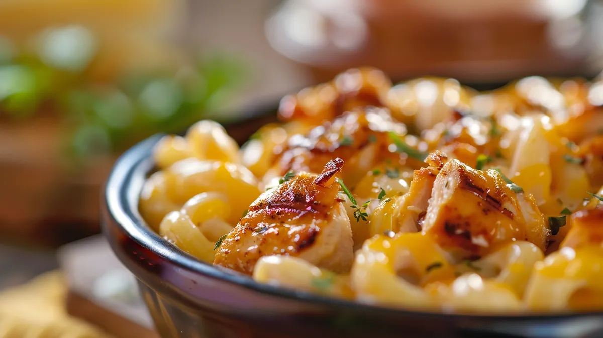 Close-up of a creamy High-Protein Honey BBQ Chicken Mac & Cheese dish.