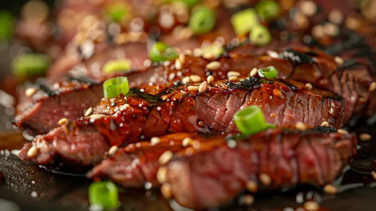 Sizzle and Satisfy: Honey Garlic Flank Steak Bowls That Ignite Your Taste Buds! Close-up view of a juicy honey garlic flank steak on a plate.