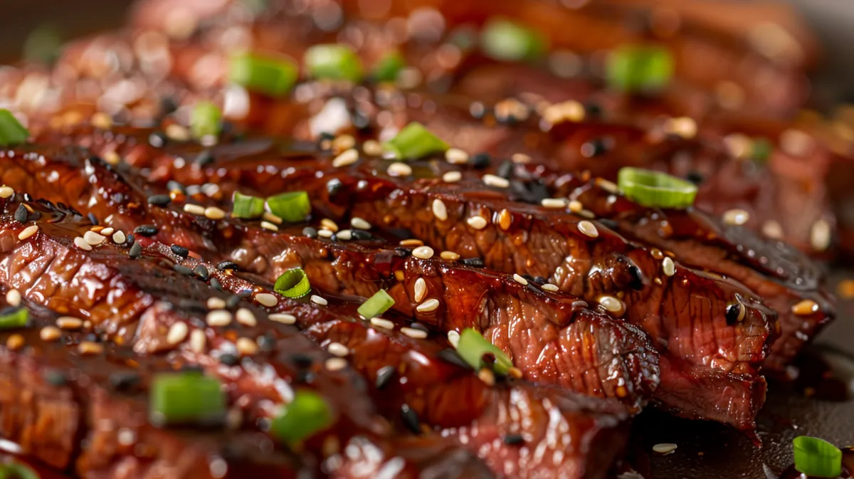 Side view of honey garlic flank steak garnished with green onions and sesame seeds.