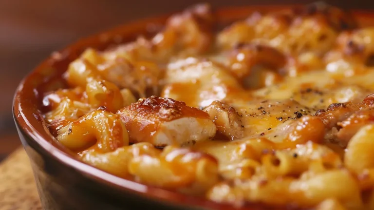 Close-up view of creamy mac and cheese topped with BBQ chicken and drizzled with honey.