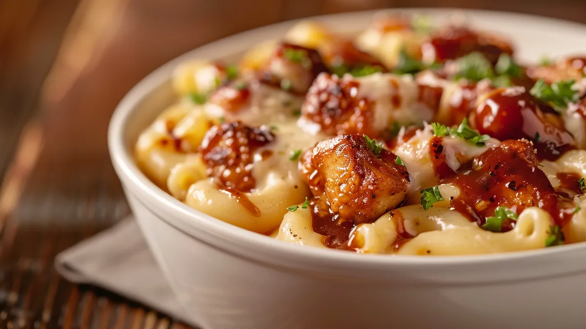 Side angle of a serving of honey BBQ chicken mac and cheese in a bowl, showcasing the melted cheese and pasta.