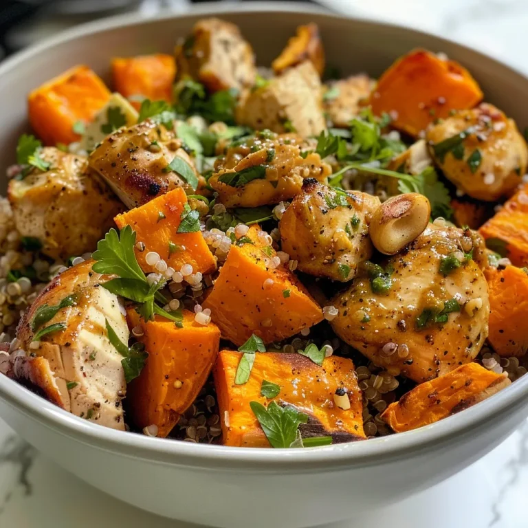 Close-up view of a Maple Dijon Chicken and Sweet Potato Bowl with quinoa and fresh herbs.