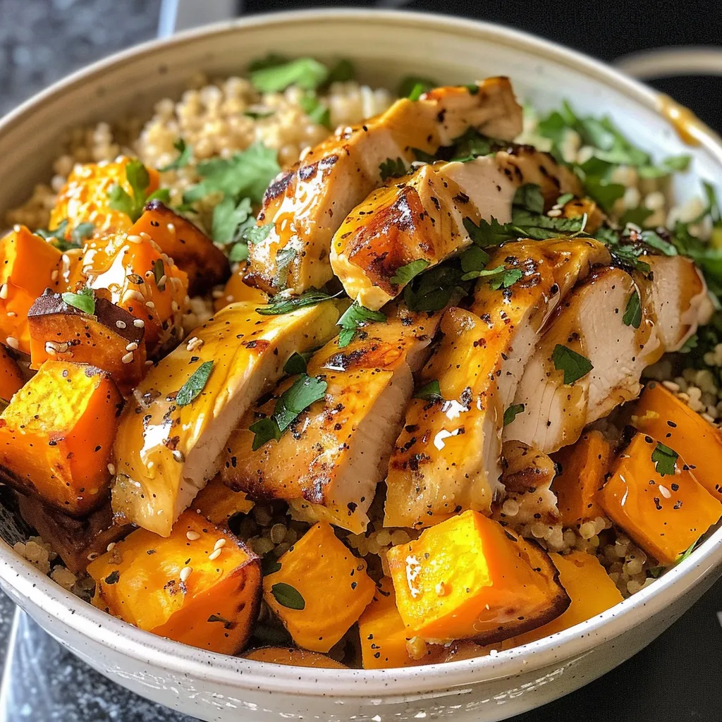 Side view of a vibrant bowl containing juicy chicken, sweet potatoes, and quinoa on a rustic background.