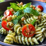 Close-up view of a vibrant Pesto Pasta Salad with cherry tomatoes and fresh basil.
