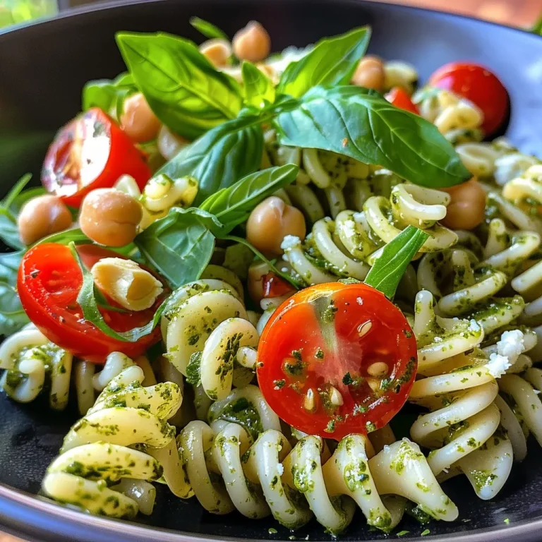 Vibrant Pesto Pasta Salad: A Whirlwind of Flavor and Nutrition! Close-up view of a vibrant Pesto Pasta Salad with cherry tomatoes and fresh basil.