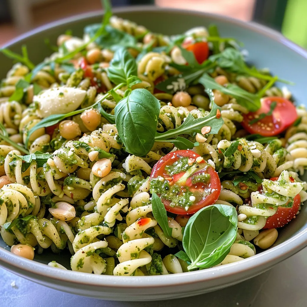 Side view of a bowl of Pesto Pasta Salad featuring fusilli, chickpeas, and mozzarella pearls.