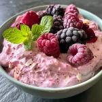 Close-up view of a creamy high protein berry mousse in a clear glass.
