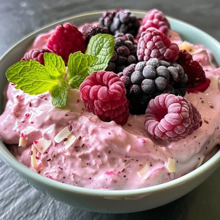 Close-up view of a creamy high protein berry mousse in a clear glass.