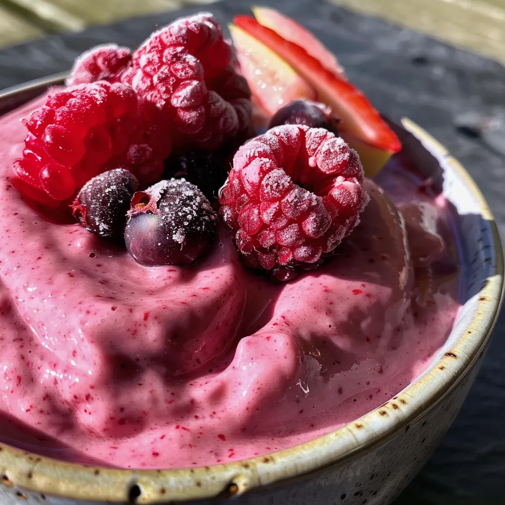 Side view of a vibrant berry mousse, showcasing its texture and colors.