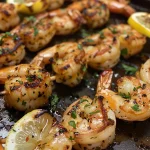 Close-up view of grilled shrimp kabobs glistening with olive oil and spices.