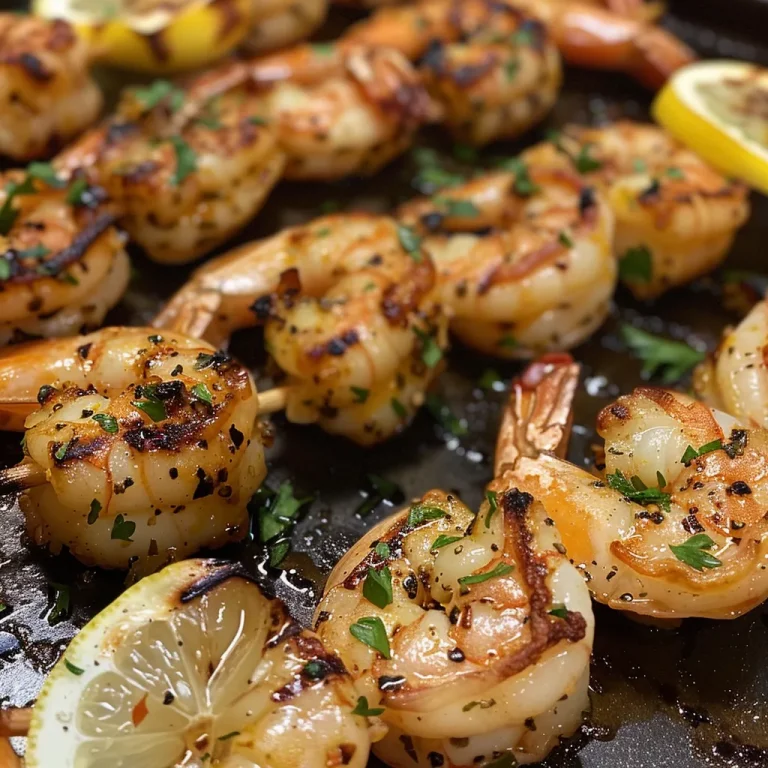 Sizzle Your Taste Buds with These Mediterranean Grilled Shrimp Kabobs! Close-up view of grilled shrimp kabobs glistening with olive oil and spices.