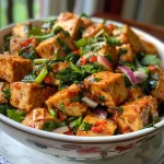 Close-up of a plate featuring juicy Spicy Thai Basil Tofu, garnished with fresh basil leaves.