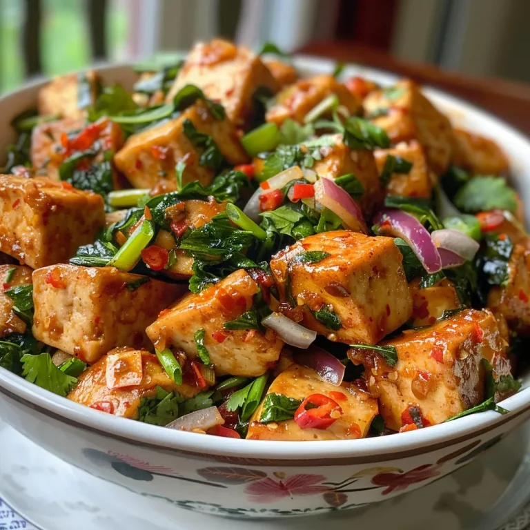 Sizzle and Spice: Whip Up a Flavorful Thai Basil Tofu in a Flash! Close-up of a plate featuring juicy Spicy Thai Basil Tofu, garnished with fresh basil leaves.