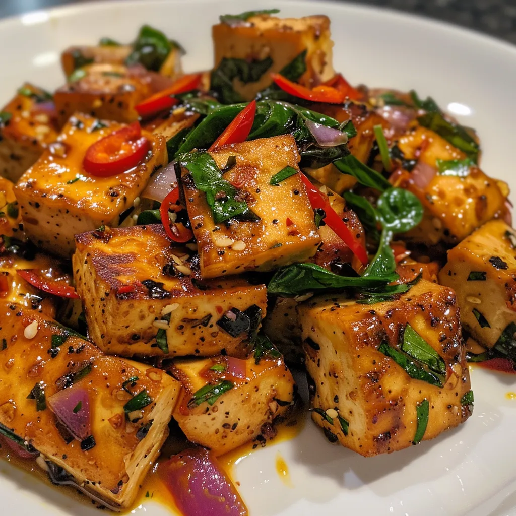 Side view photo of vibrant Spicy Thai Basil Tofu dish, highlighting the colorful ingredients.