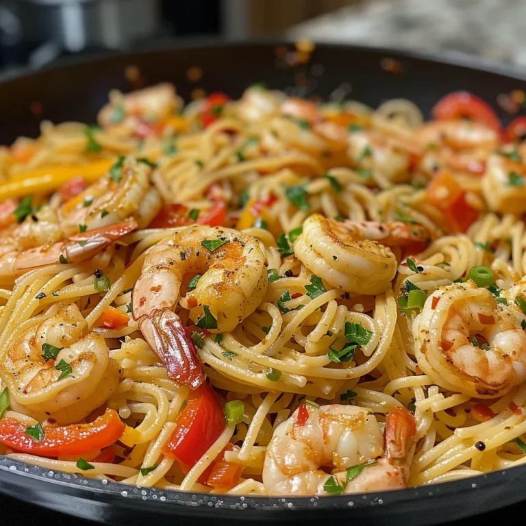 Close-up view of Cajun shrimp pasta with colorful bell peppers and herbs.