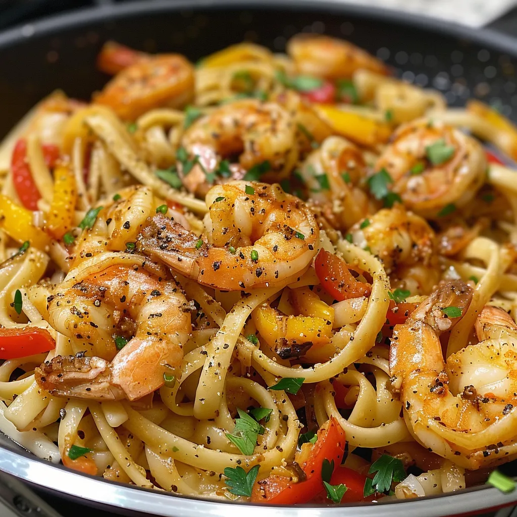Juicy shrimp and pasta dish garnished with parsley and spices.