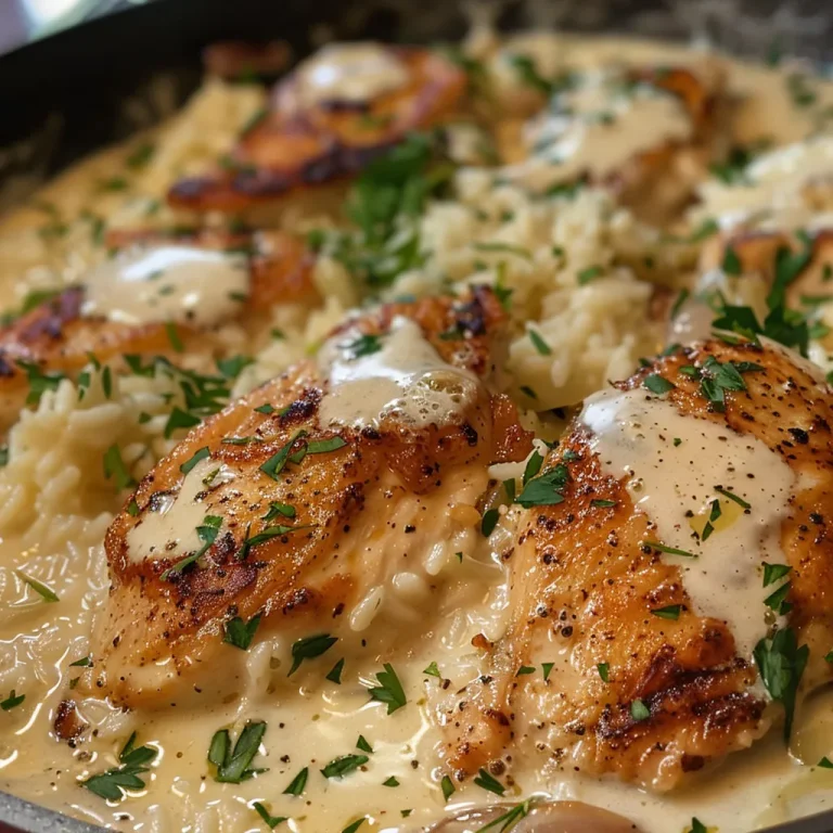 Close-up of Tomato Basil Baked Chicken and Rice in a pan, showcasing juicy chicken and colorful ingredients.