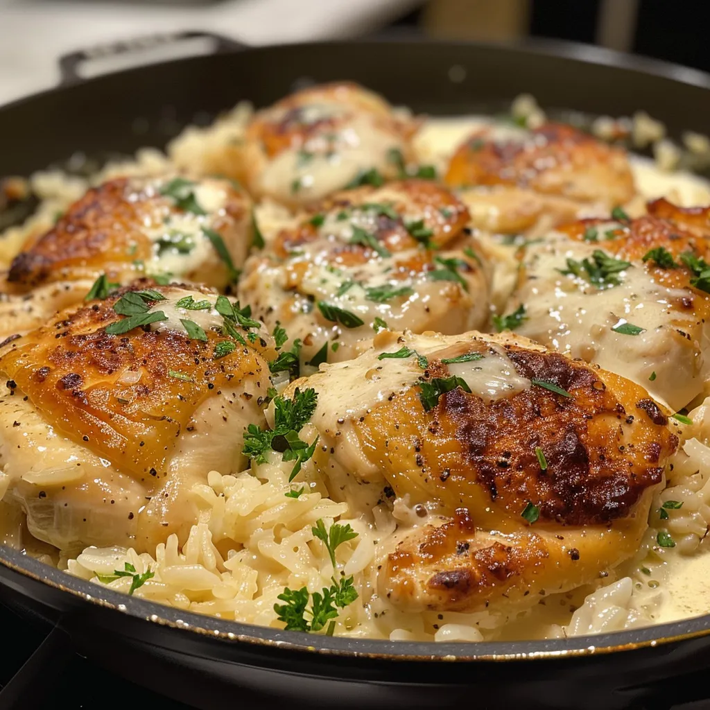 Side view of a one-pan meal featuring baked chicken, rice, and tomato sauce, garnished with fresh basil.