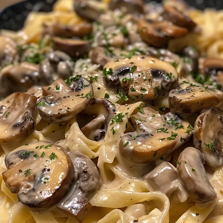 A close-up side view of creamy vegan mushroom pasta garnished with fresh herbs.