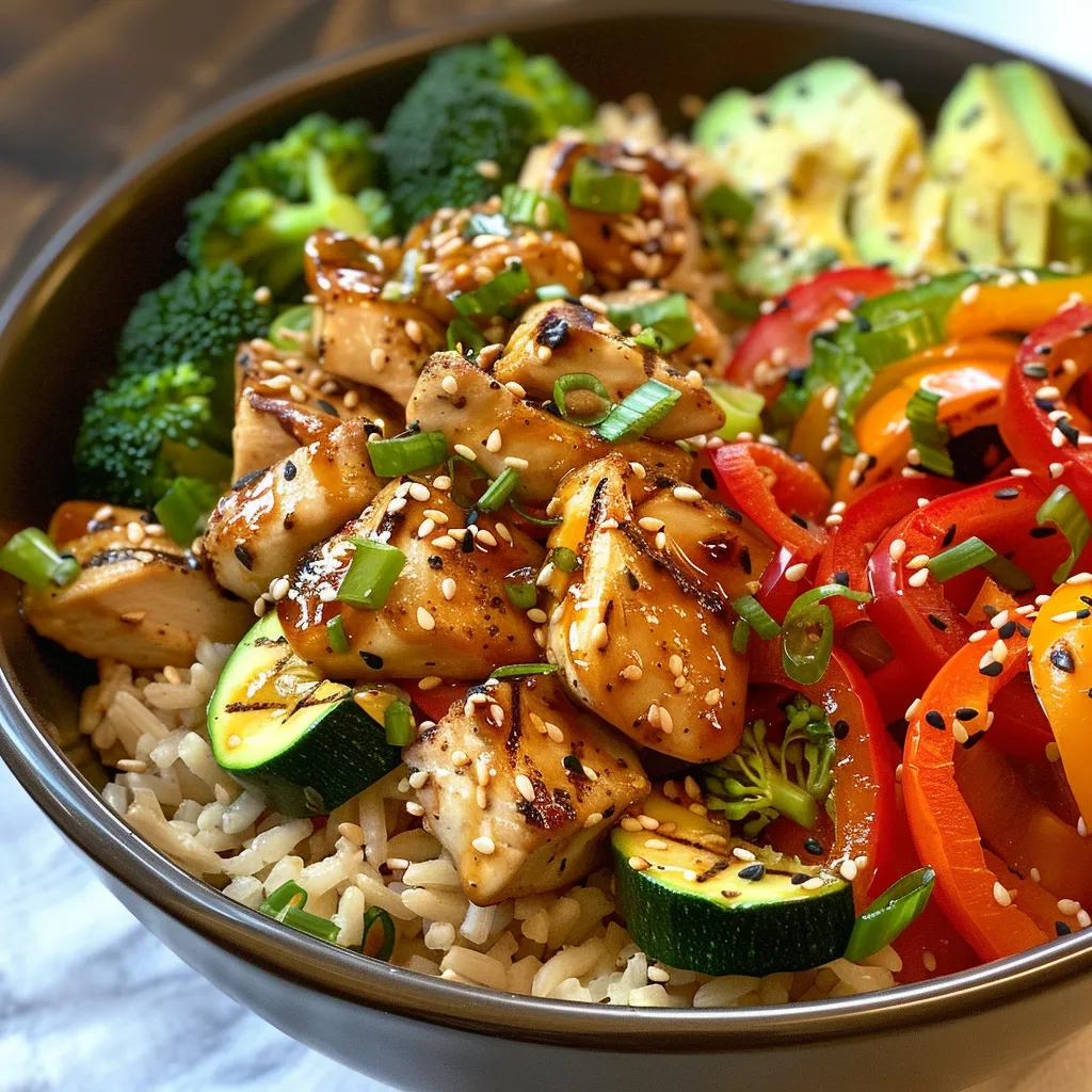 Side view of a vibrant Veggie Rice Bowl featuring rice, butternut squash, and mixed veggies.