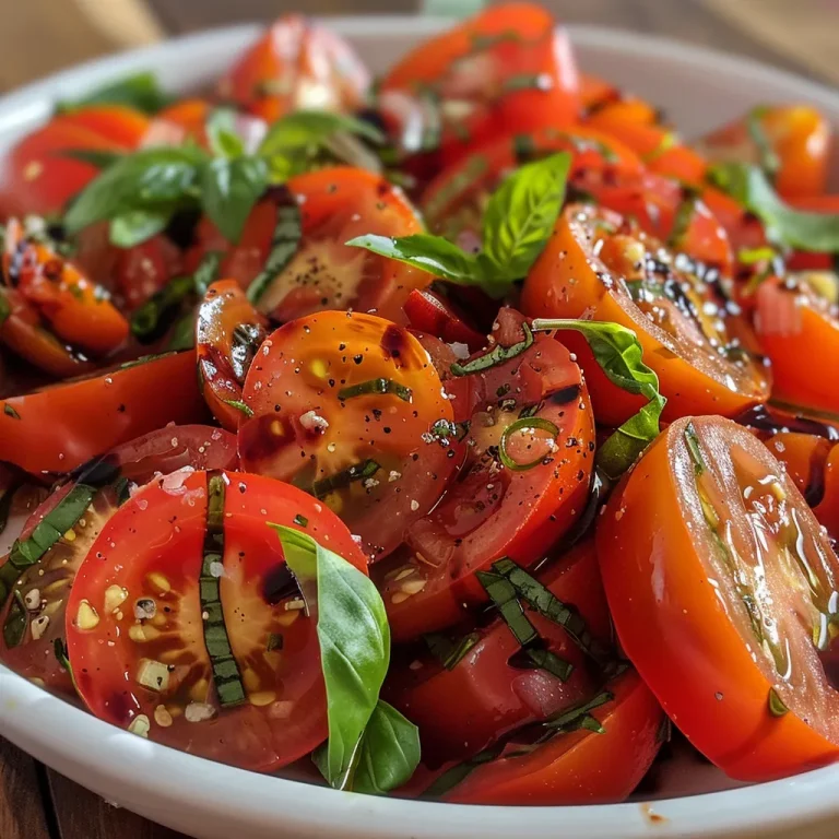 Vibrant Tomato Basil Salad: A Burst of Freshness in Every Bite! A close-up view of a vibrant tomato and basil salad with cut tomatoes and fresh basil leaves.