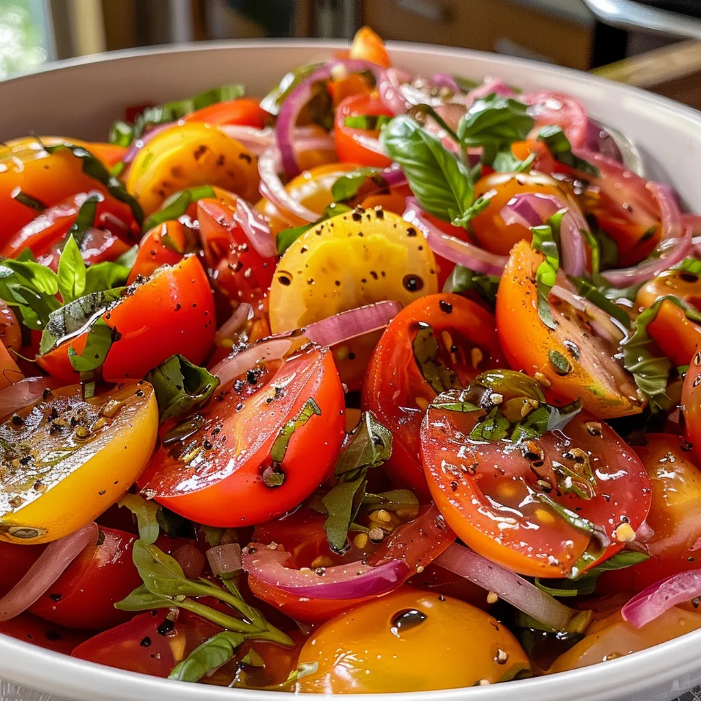 A side view of a colorful Tomato Basil Salad featuring halved cherry and heirloom tomatoes with basil.