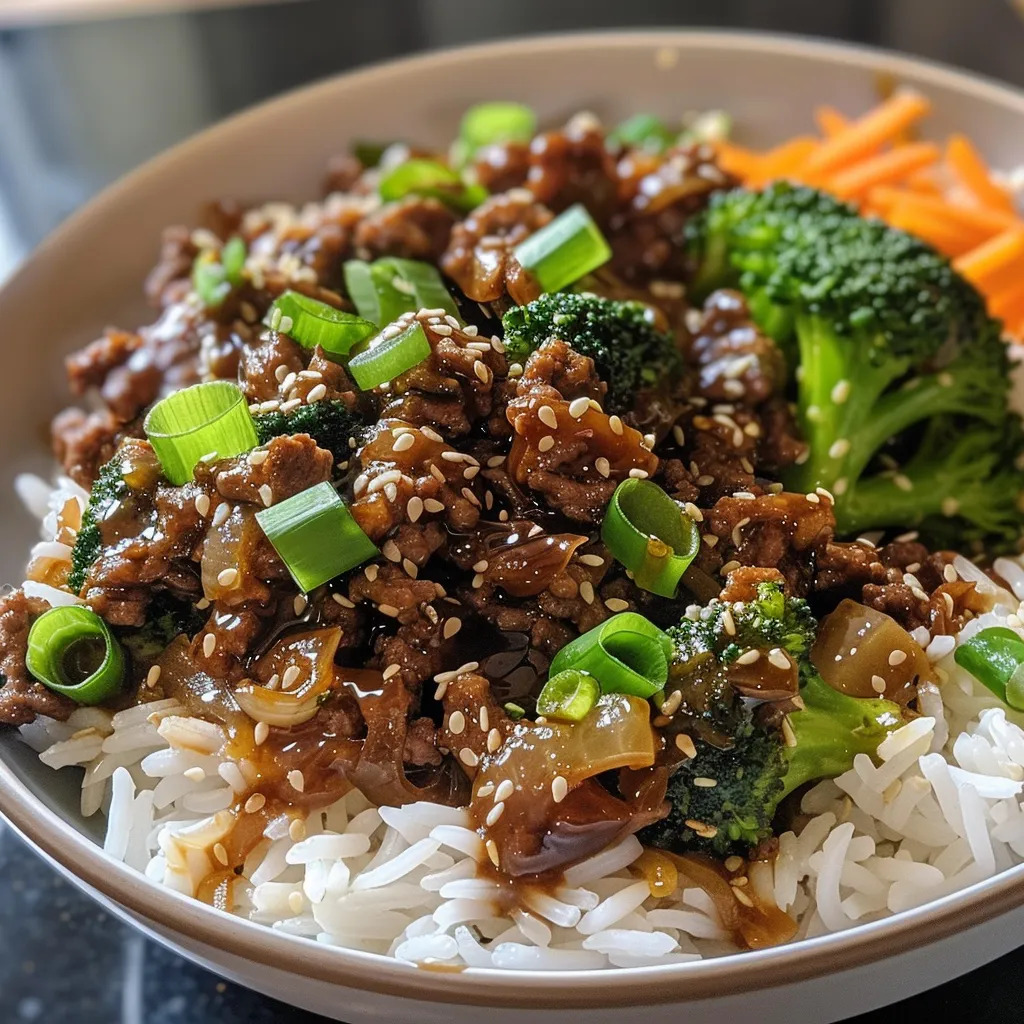 Side view of a delicious bowl filled with juicy ground beef, rice, and vegetables.
