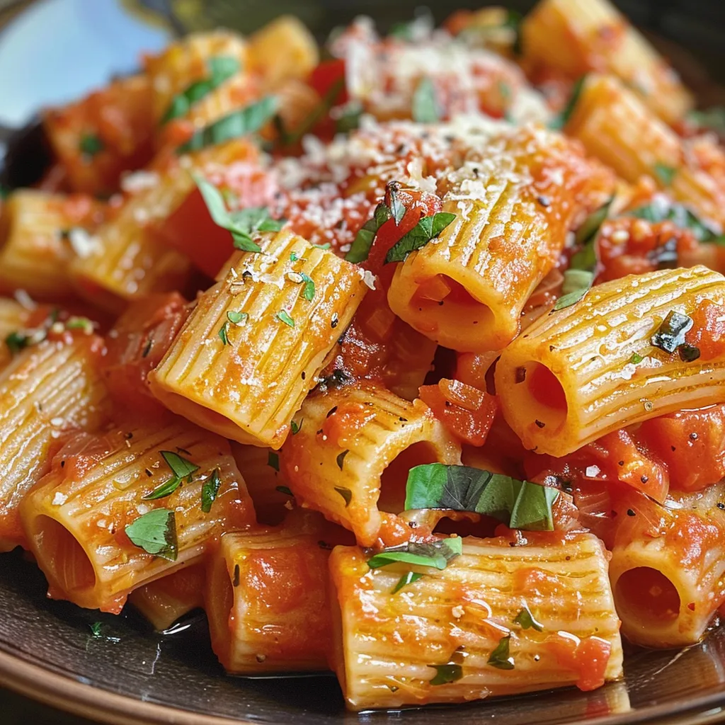 Side view of thick roasted tomato marinara sauce with a drizzle of olive oil and herbs.