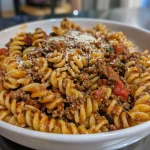 Close-up of creamy beef pasta featuring high-protein ingredients and garnished with fresh herbs.