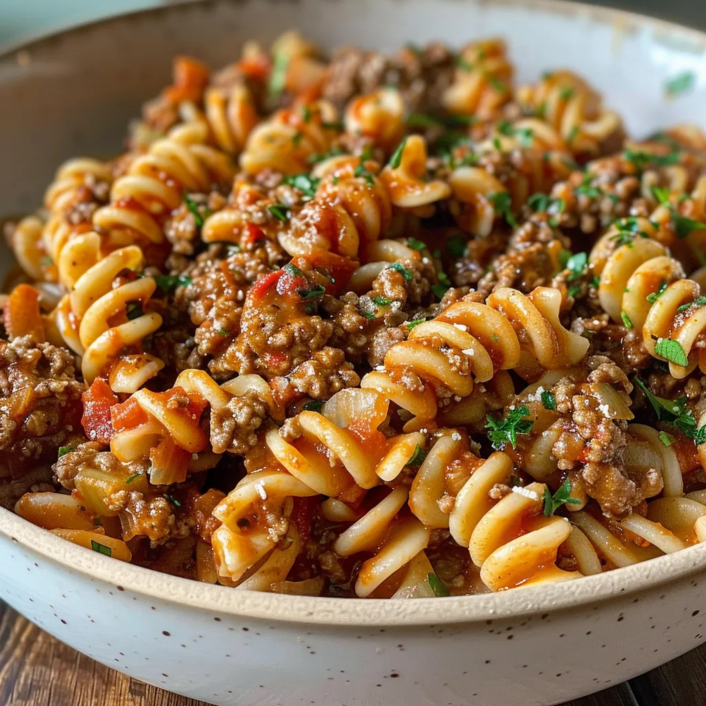 Juicy high-protein pasta dish featuring ground beef and creamy sauce.