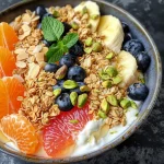 A close-up side view of a vibrant Citrus Fruit Yogurt Bowl featuring sliced oranges and yogurt.