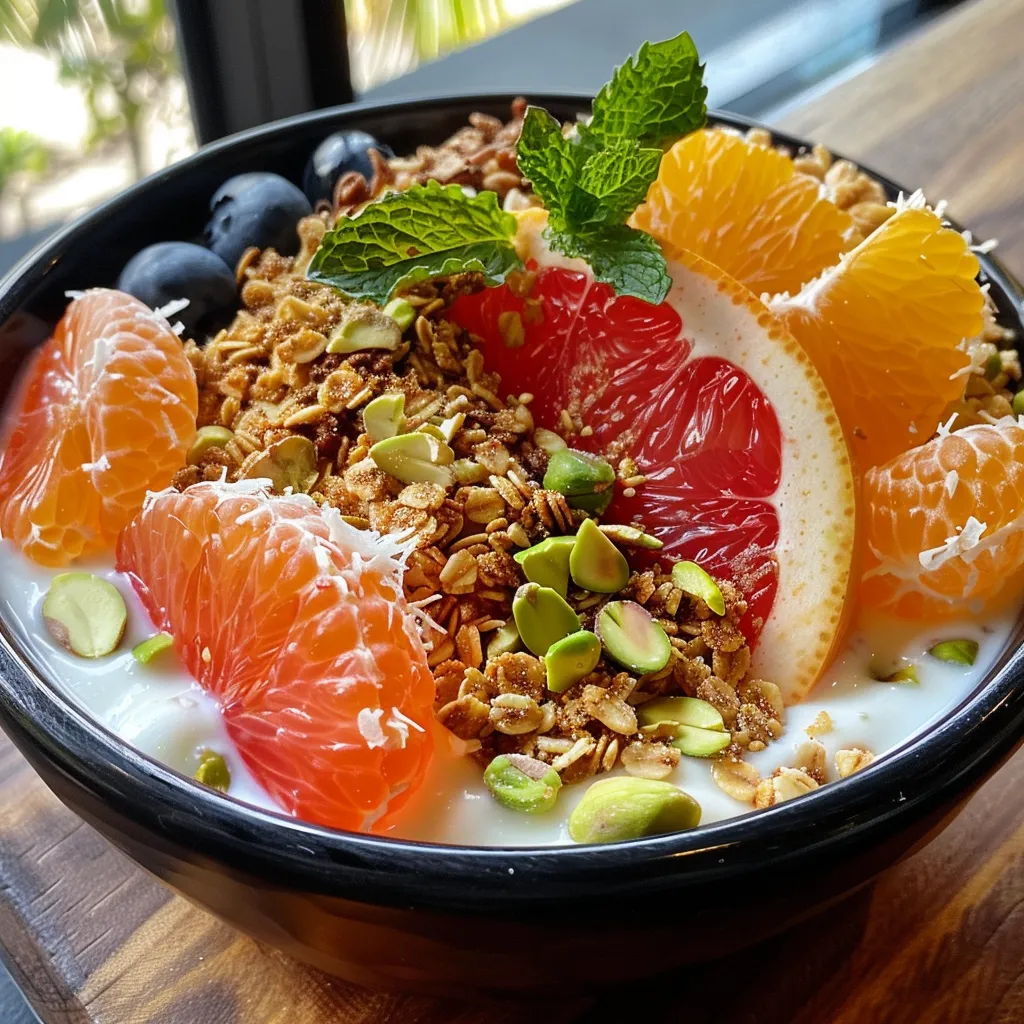 A colorful bowl of yogurt topped with various citrus fruits and nuts, captured from the side.