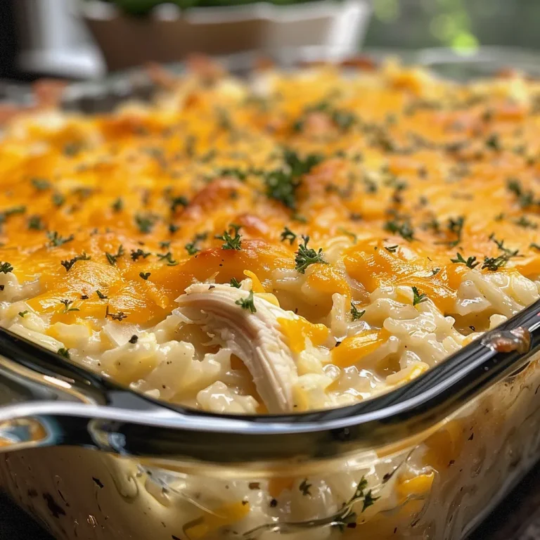 Close-up side view of a cheesy chicken and rice casserole with broccoli.