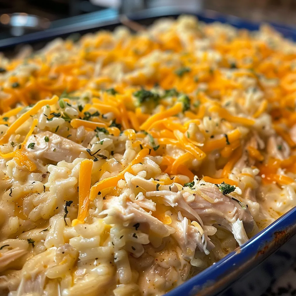 A richly layered chicken, rice, and cheese casserole, garnished and bubbling.