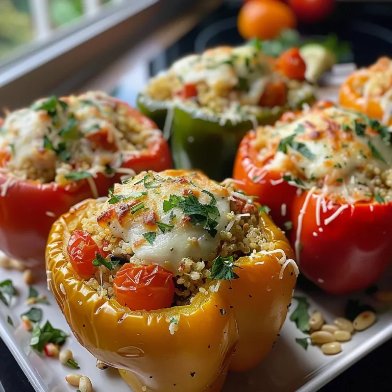 Close-up view of vibrant stuffed bell peppers filled with quinoa, cheese, and vegetables.